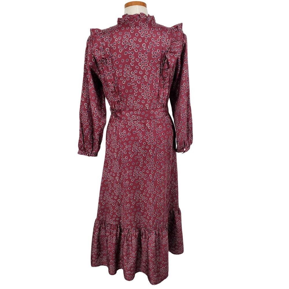 Outerknown Womens Small Maroon Geometric Organic Cotton Silk Ruffle Midi‎ Dress - Picture 3 of 8